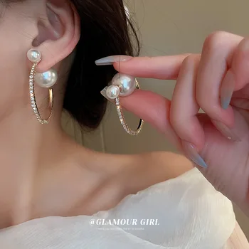 40mm Moda Rhinestone Kristal Hoop EarringsDouble İnci Geometrik Kore Hediye Takı Daire Küpe