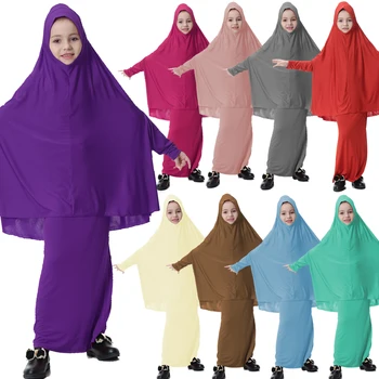 Eid Ramazan Müslüman Çocuk Kız Başörtüsü Elbise Havai Khimar Jilbab İslam Çocuk Namaz Konfeksiyon Giyim Seti Arap Elbise Peçe Abaya