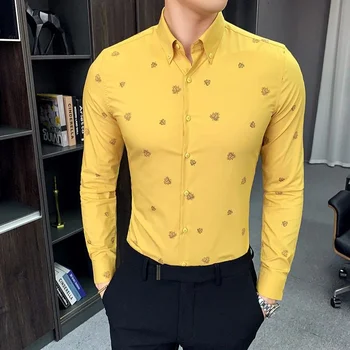 Erkek Casual Gömlek Gzdeerax Yapraklar Baskılı Mens Lüks Uzun Kollu Elbise Camisa Masculina Moda Slim Fit Adam