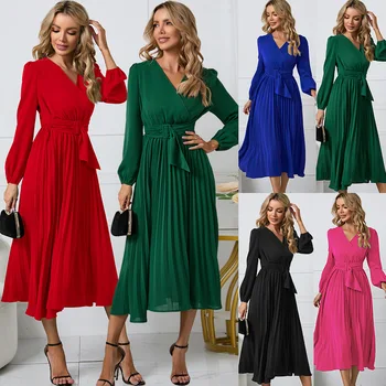 Kadın Elbise 2022 İlkbahar Sonbahar Uzun Kollu İnce Pilili Kemer V Yaka Düz Renk Bayanlar Orta uzunlukta Elbise Streetswear Kadın