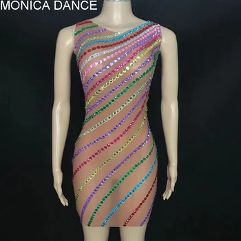 Seksi Sahne Renkli Rhinestones Gökkuşağı Şeffaf Kolsuz Elbise Doğum Günü Kutlamak Örgü Sahne Kostüm Dansçı Şarkıcı Elbise