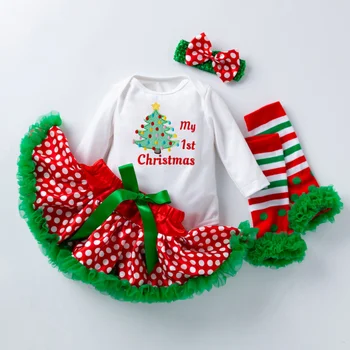 Yeni Yıl Bebek Kız Tutu Elbise Noel Elbise Bebek Kız Nakış Ağacı Hediyeler Romper Mutlu Şerit Tayt Kırmızı Çiçek Kafa Bandı